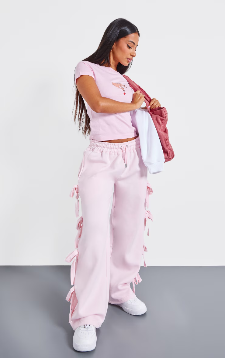 Petite Wide Leg Joggers With Bow Details